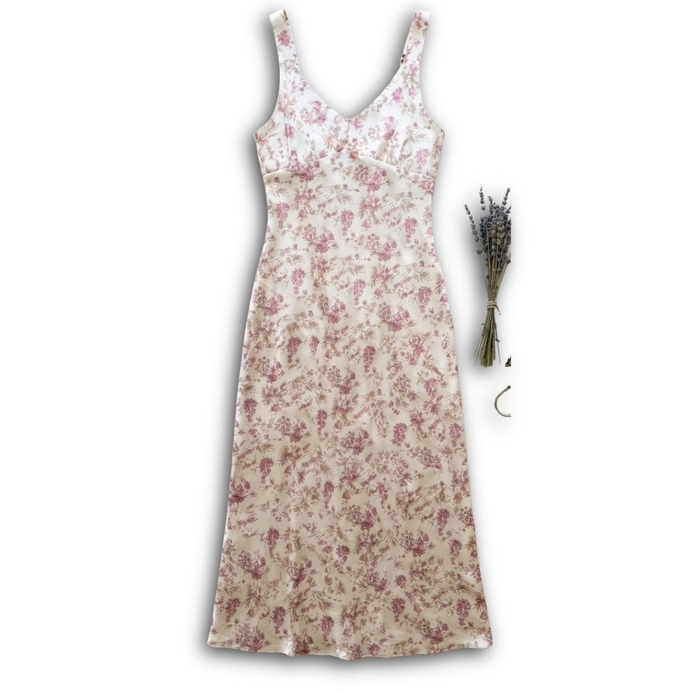 Storia Floral Midi Slip Dress Cream Pink V-Neck Satin Feel JD4621 Womens Size M